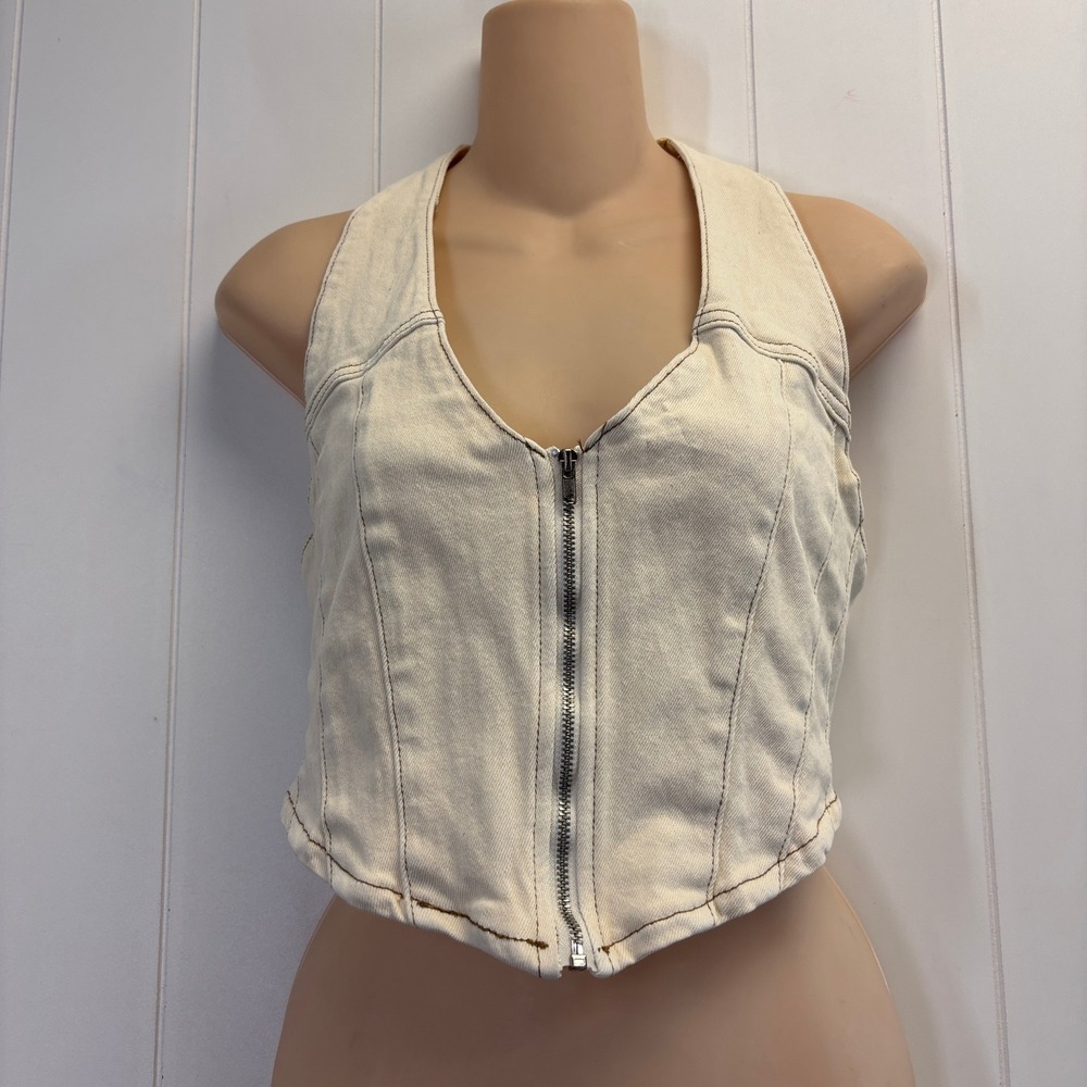 PacSun Women Y2K Festival Denim Halter Top Size M Western Cowgirl Boho Rodeo